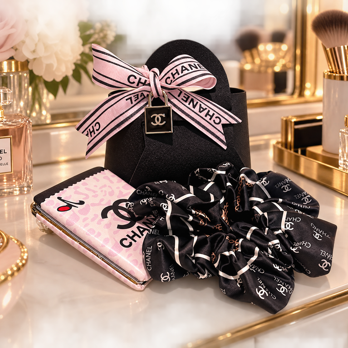 Deluxe Hair Scrunchie and Compact Mirror in Gift Bag