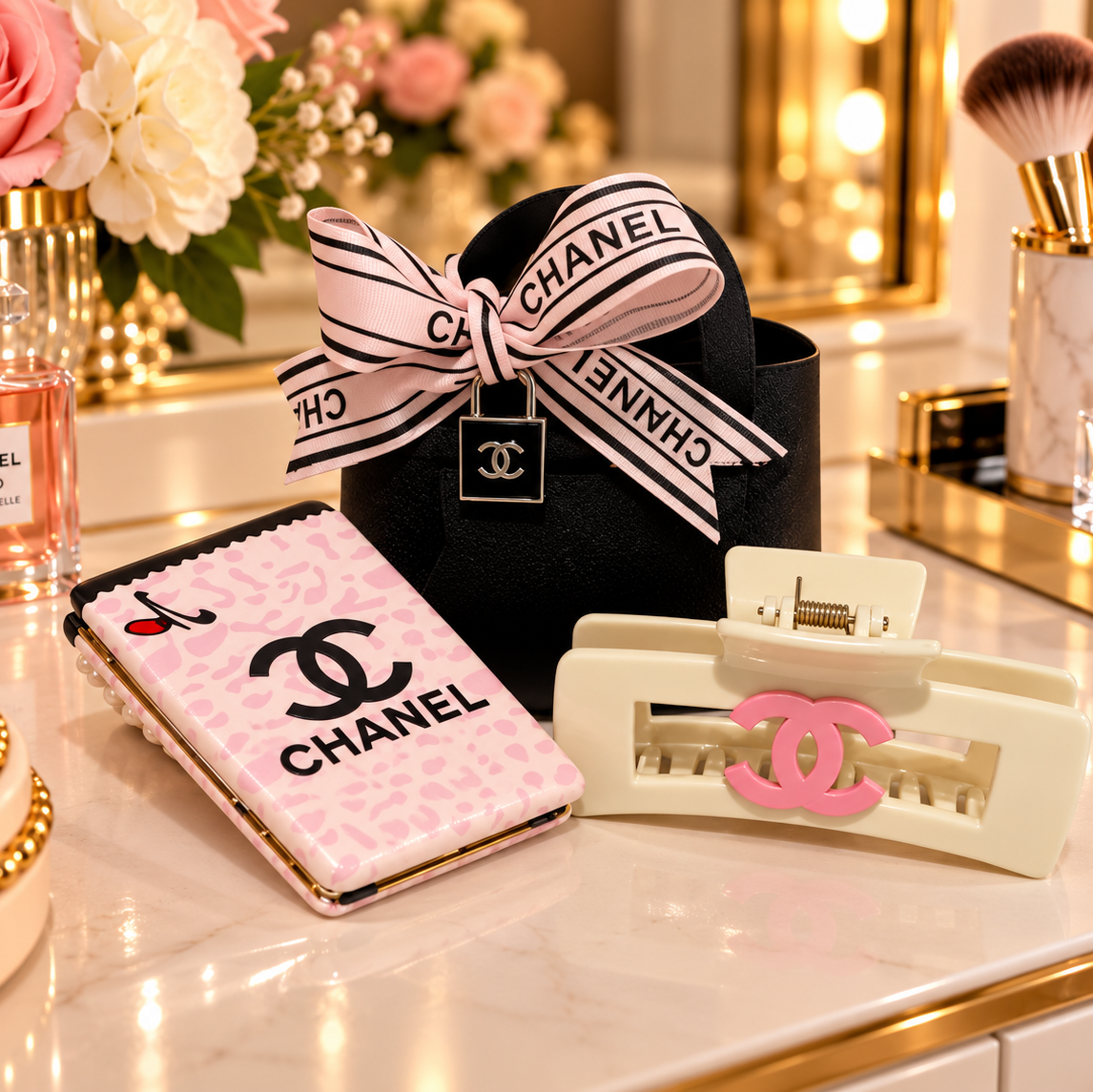Deluxe White Alligator Clip and Compact Mirror in Black Gift Bag