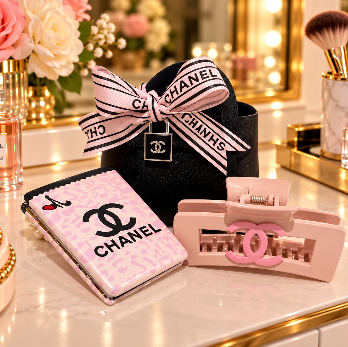 Deluxe Pink Alligator Clip and Compact Mirror in Black Gift Bag