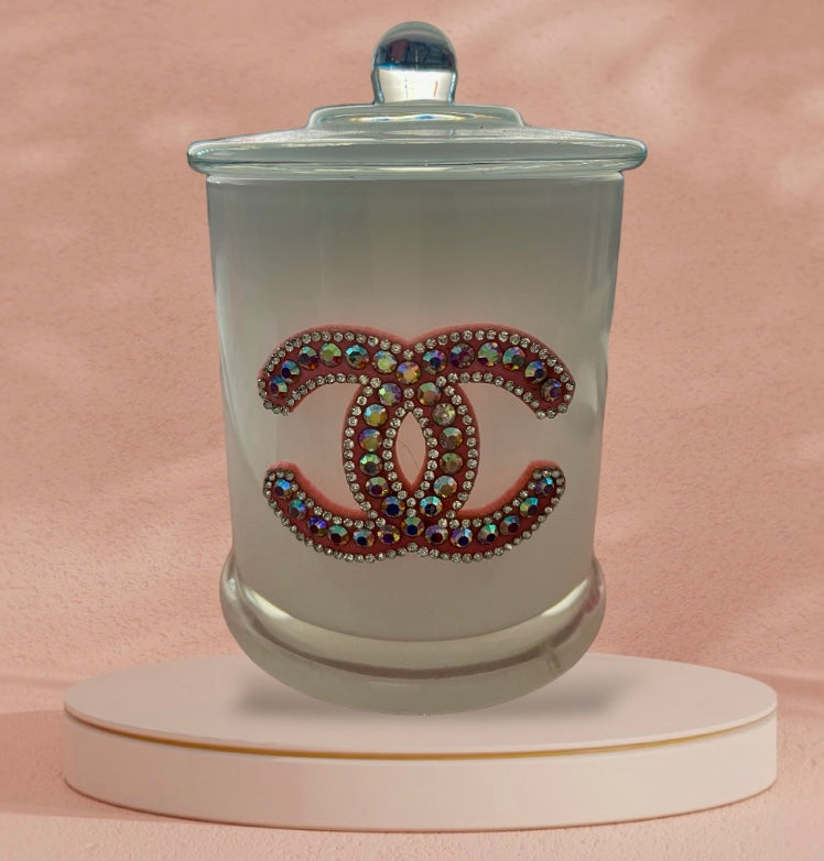 Pink CC with Rhinestones White Candle Jar 450g