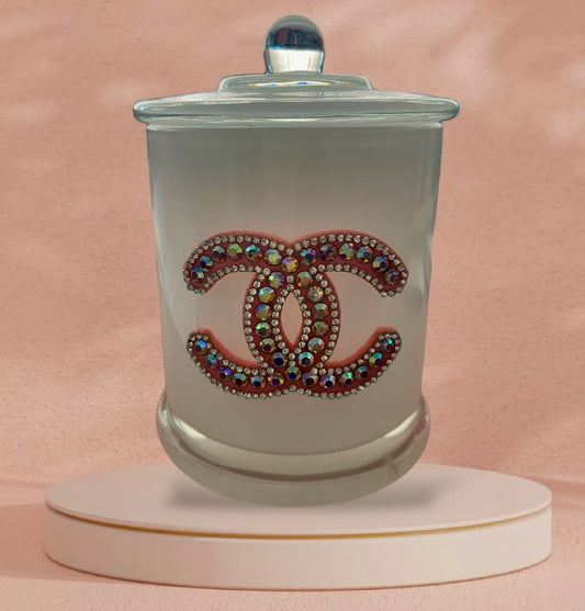 Pink CC with Rhinestones White Candle Jar 450g